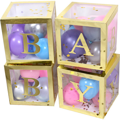 Gold baby shower balloon boxes with clear windows, set of 3
