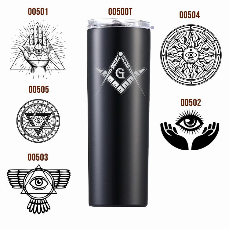 Collection of various colored 20 oz freemason tumblers, each with a laser engraved masonic symbol.
