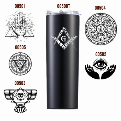 Collection of various colored 20 oz freemason tumblers, each with a laser engraved masonic symbol.