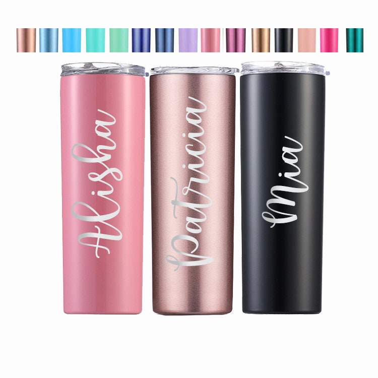 An isolated 20 oz personalized name tumbler, showing the quality of the laser engraving and stainless steel finish.