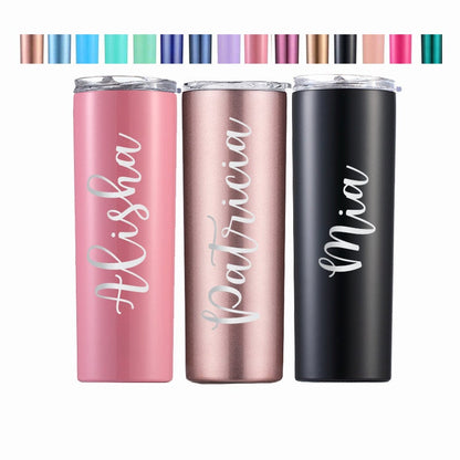 An isolated 20 oz personalized name tumbler, showing the quality of the laser engraving and stainless steel finish.