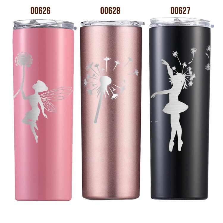 Three 20 oz fairy tumblers labeled 00626, 00627, and 00628 in pink, rose, and black.