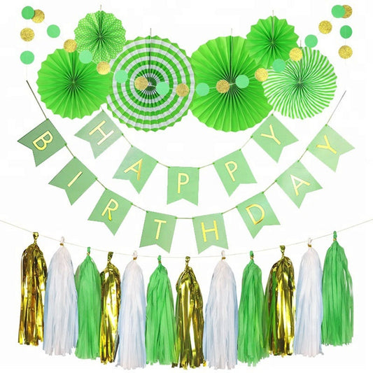 Green Birthday Banner Paper Fan Tassel Dino Forest Kit