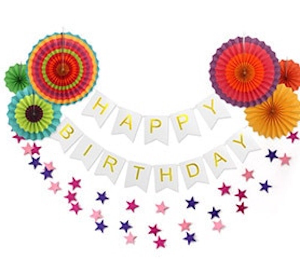 Birthday Celebration Kit - Paper Fan Garland & Banner Set with Stars String