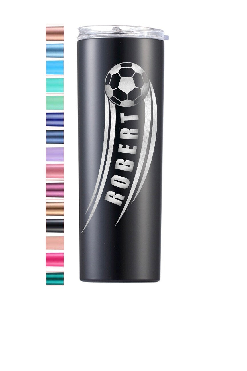 A hand holding a personalized soccer gift tumbler, demonstrating its size and portability for sports events.