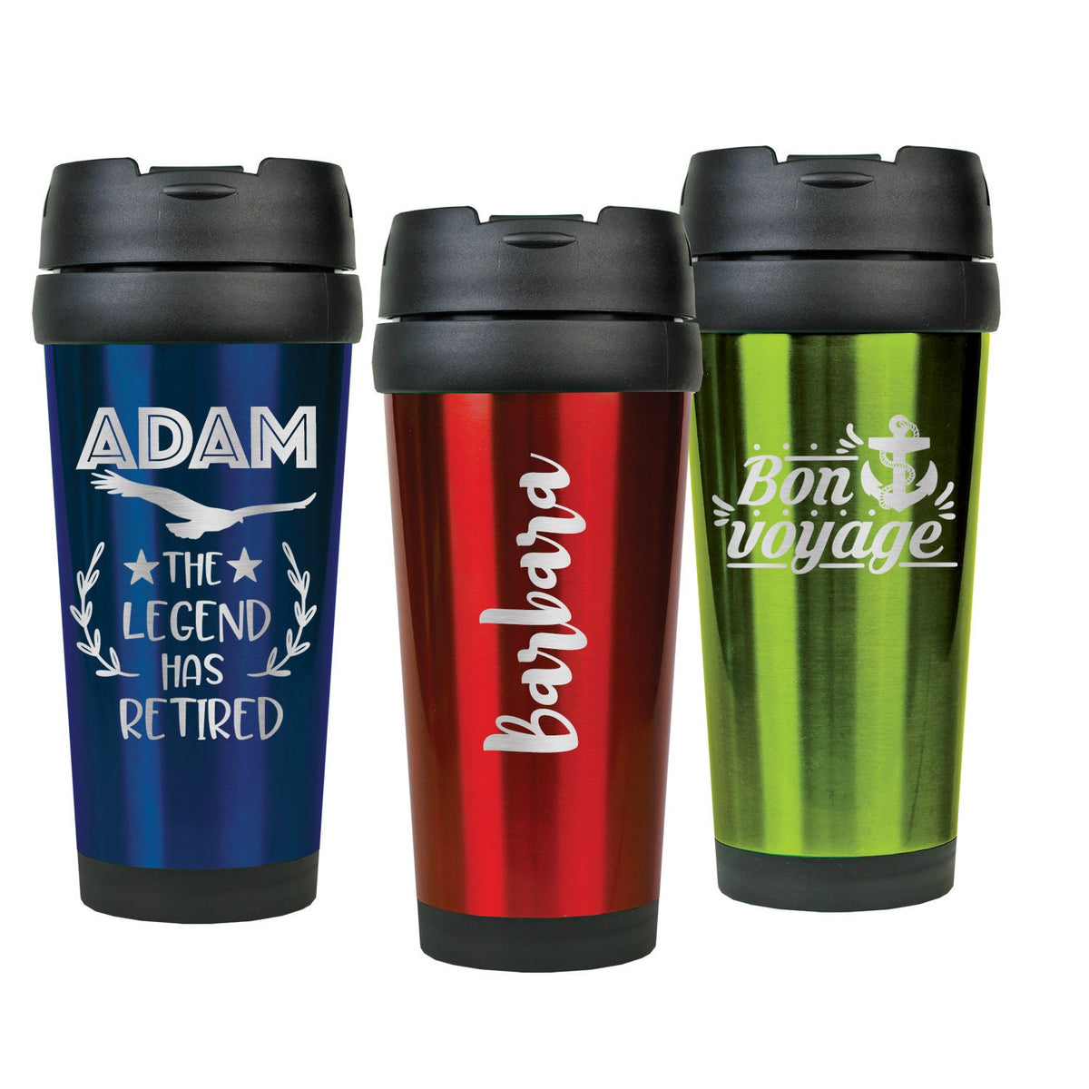 A custom travel mug with engraving sitting on a wooden table, highlighted by natural morning light.