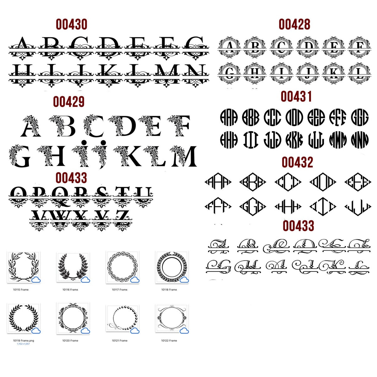 Monogram style options for engraved pilsner glass: split letter, circle, diamond and floral monograms with frame designs