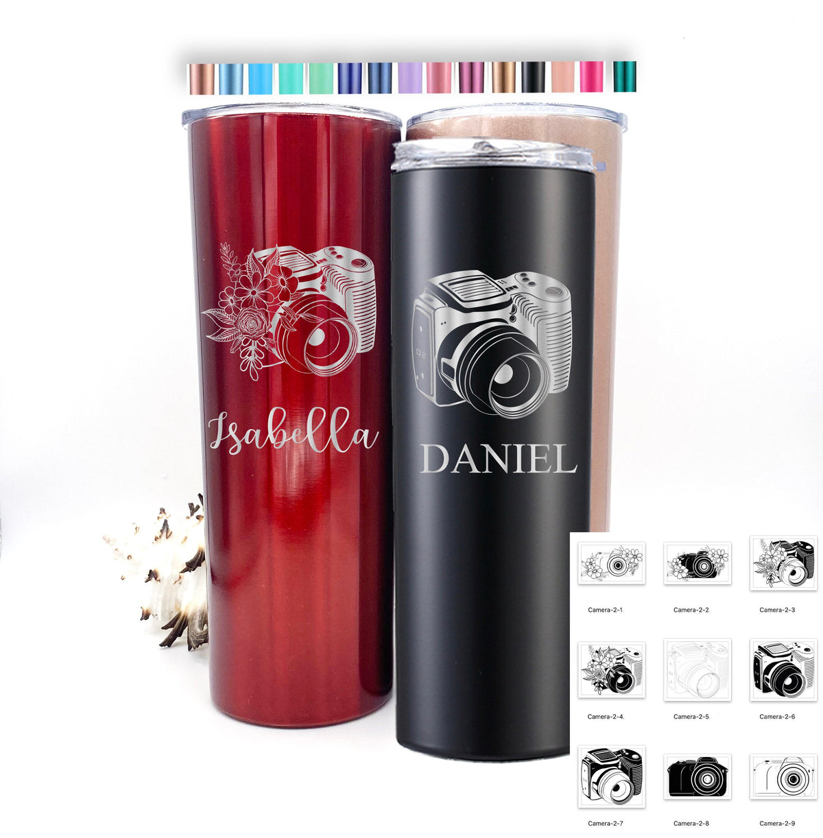 Collection of various colored custom photographer travel mugs, each with a unique laser-engraved design.