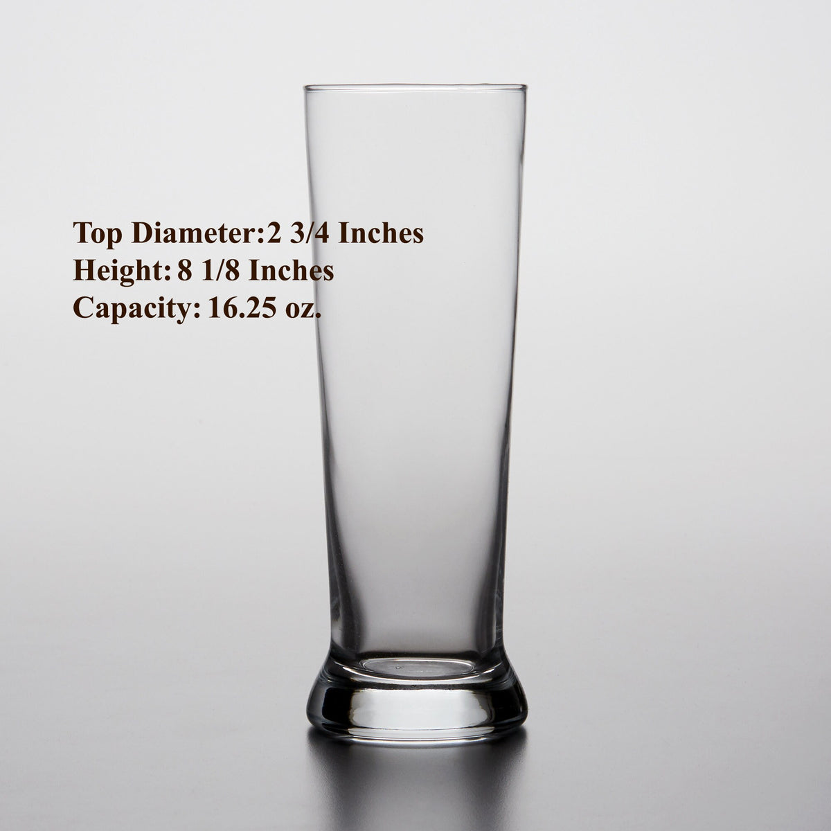 16.25 oz pilsner cooler glass dimensions: 8.125 inches tall, 2.75 inch top diameter