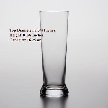 16.25 oz pilsner cooler glass dimensions: 8.125 inches tall, 2.75 inch top diameter