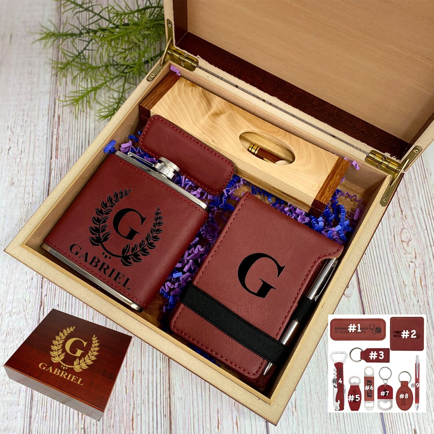 Groomsmen Gift Set Wood Box Hip Flask Pen Bottle Opener Burgundy Wedding Best Man Gift Birthday Retirement