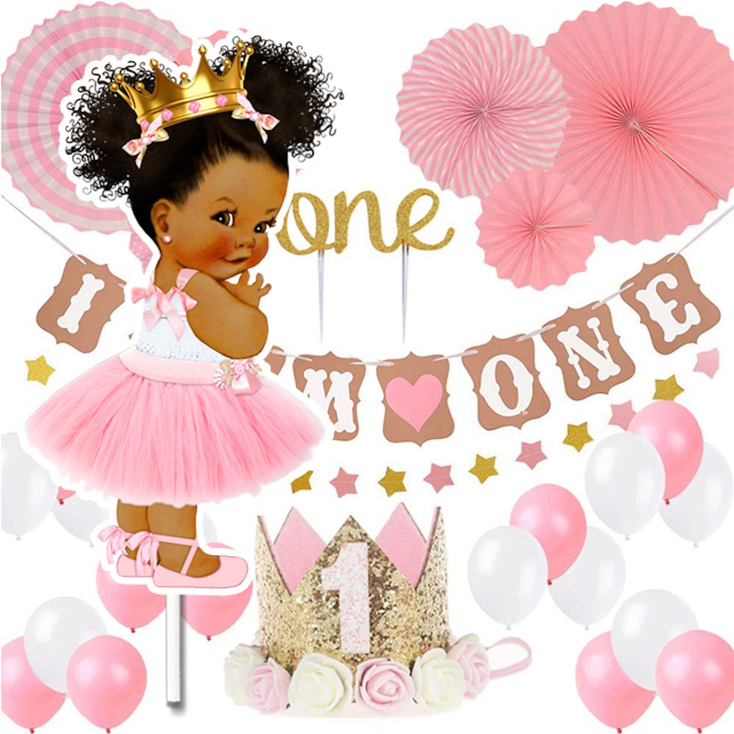 Pink Princess Centerpieces African American Baby Shower Birthday Balloon Banner Crown Headband Decoration