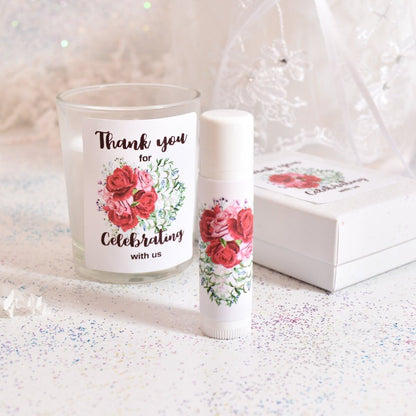 Red Rose Lip Balm Labels – Wedding & Bridal Shower Favor Stickers, Set of 15