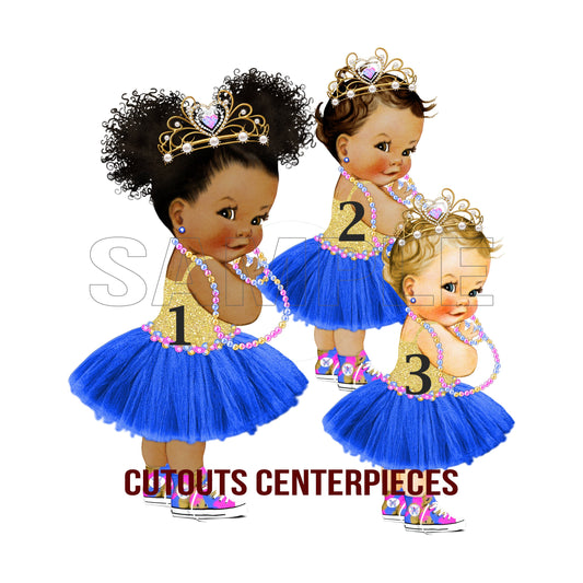 Princess Royal Blue Cutouts Centerpieces for Baby Shower Birthday Party Decoration Blue Tutu Gold Tiara Sneakers