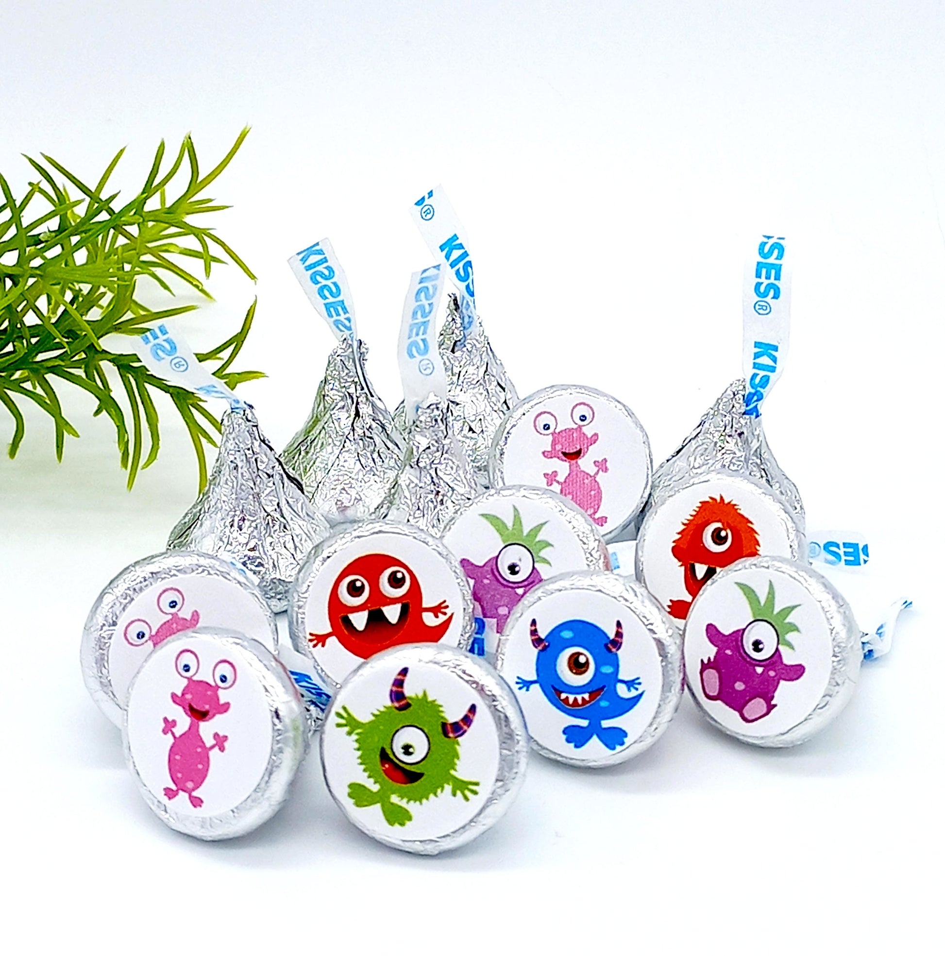 A set of colorful monster party favor labels for kids birthday treat bags and candy buffets.