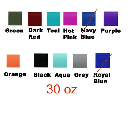 Color chart for a 30 oz Ukraine trident tumbler showing green, red, teal, pink, purple, black, and other finishes.