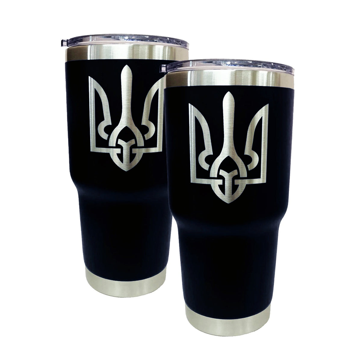 Two black stainless steel tumblers with engraved Ukrainian coat of arms, shown from a slight front angle.
