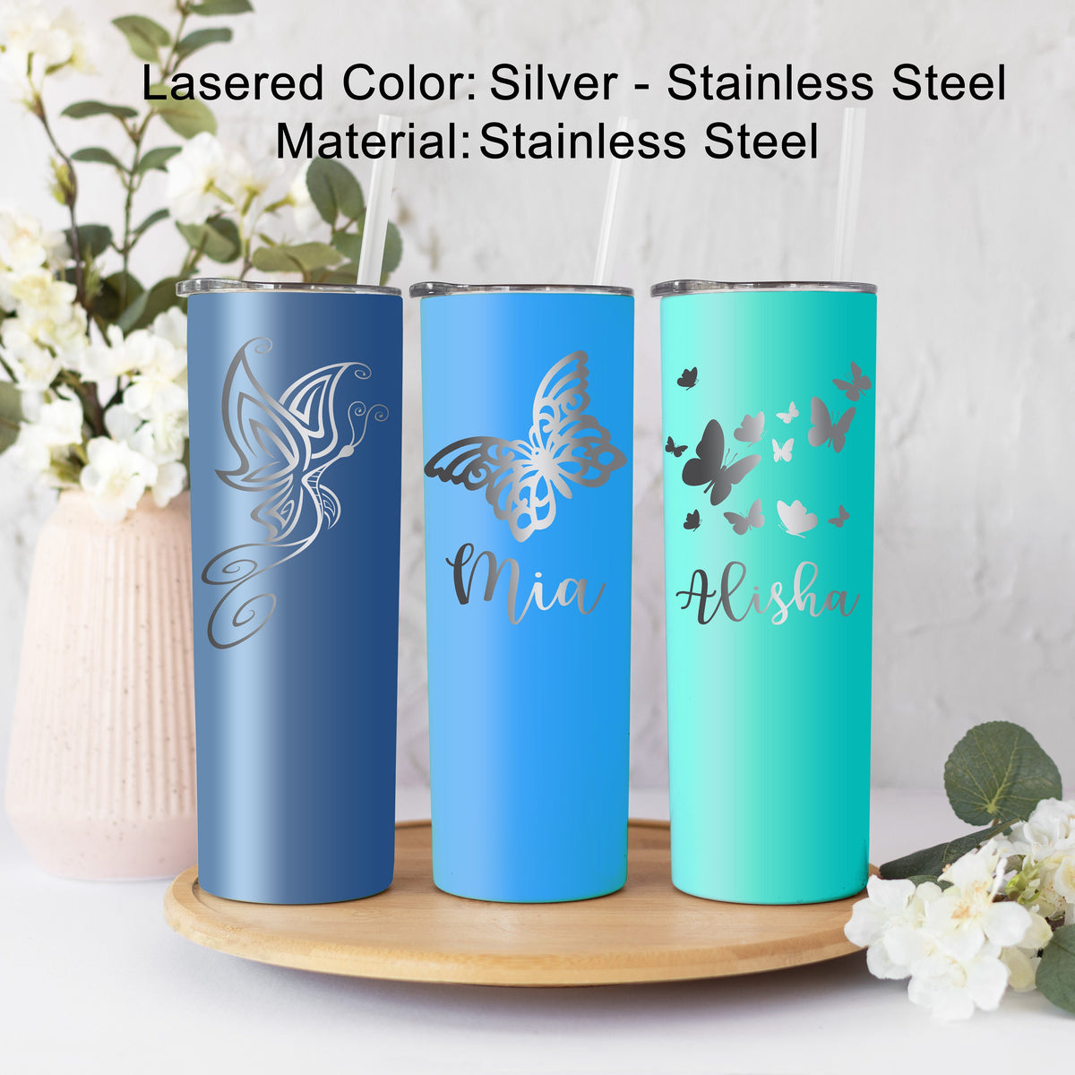 Personalized Butterfly Tumbler - 20 oz Skinny Cup, Custom Laser Engraved Gift