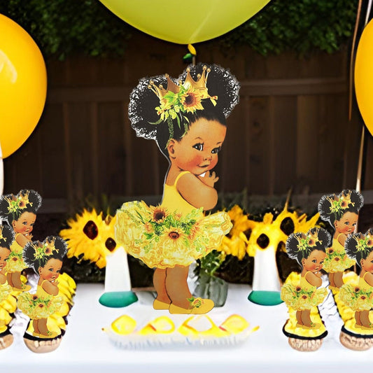 Sunflower Baby Girl Centerpiece Cutouts, Yellow Tutu Gold Crown Baby Shower 1st Birthday Party Decoration