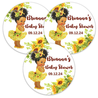 Sunflower Girl Baby Shower Stickers, Personalized Party Favor Thank You Labels For Favors African American Baby Girl