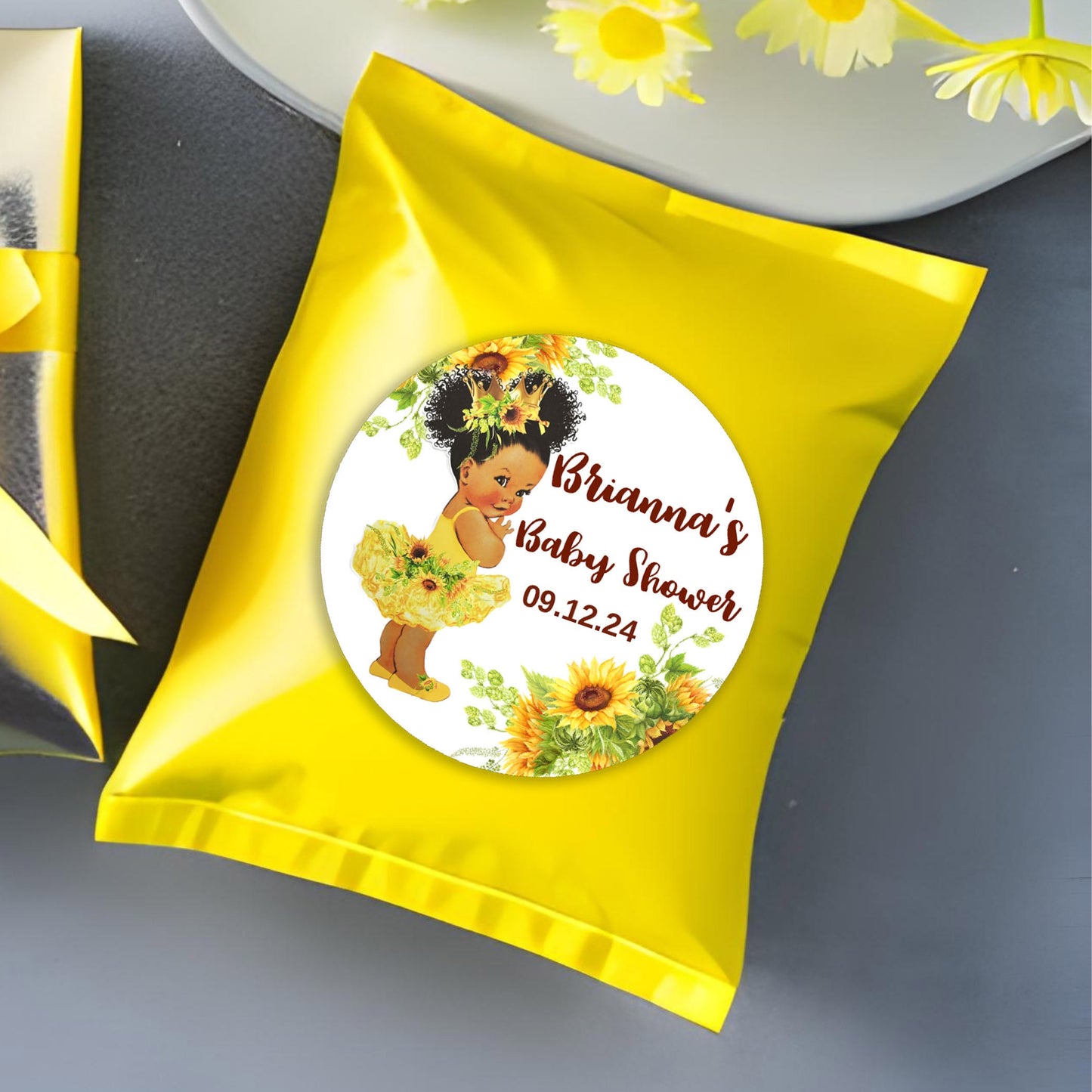 Sunflower Girl Baby Shower Stickers, Personalized Party Favor Thank You Labels For Favors African American Baby Girl