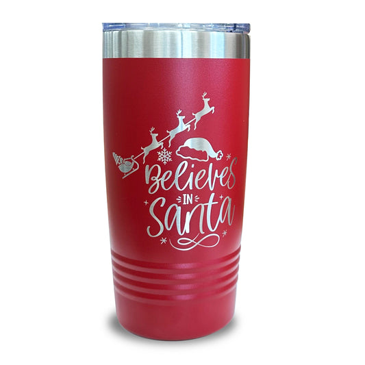 Stylish red stainless steel Christmas tumbler with a secure lid, perfect for keeping personalized coffee hot during the holidays.