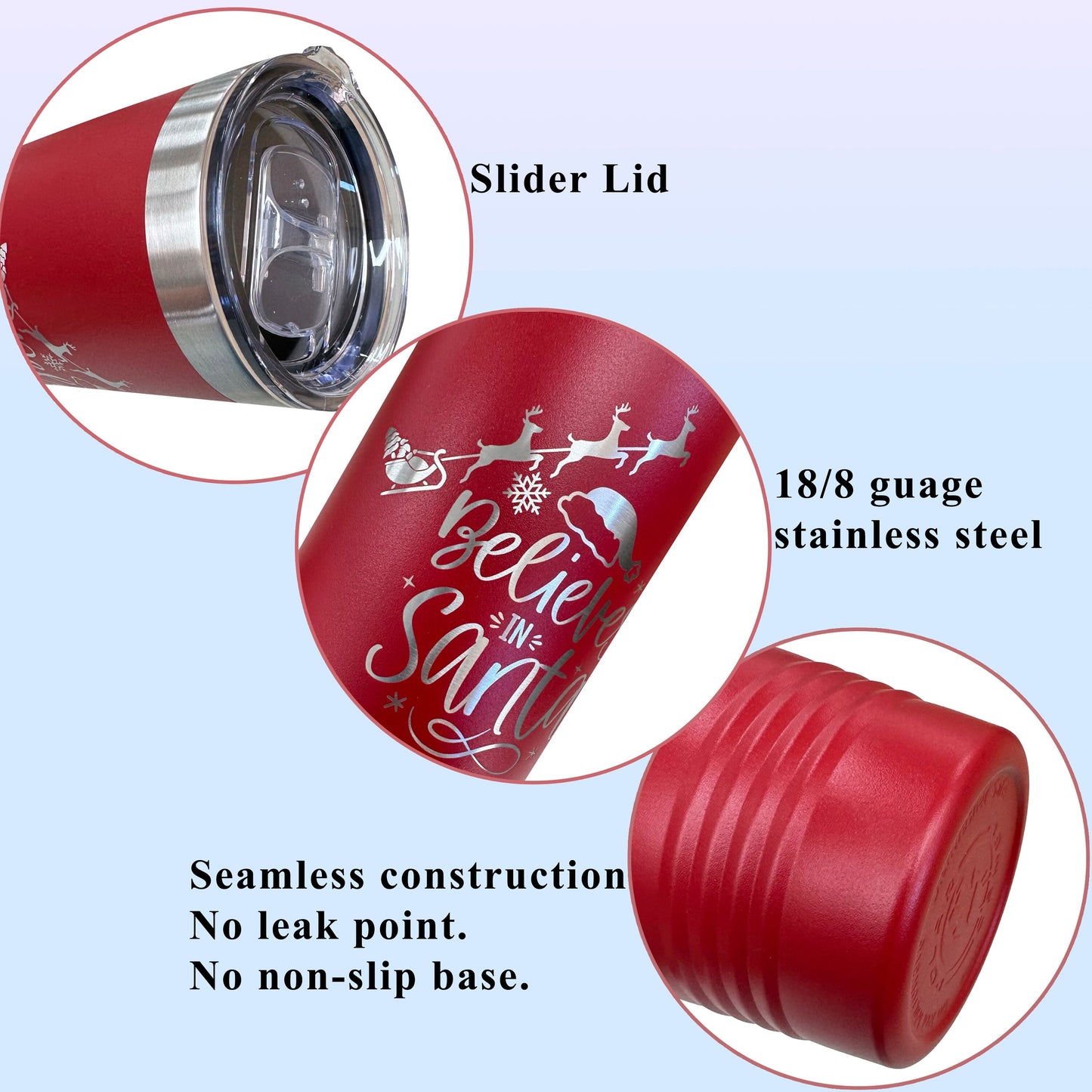 Red 'Believes in Santa' tumbler held by a hand, illustrating its comfortable grip and portability as a personalized Christmas gift.
