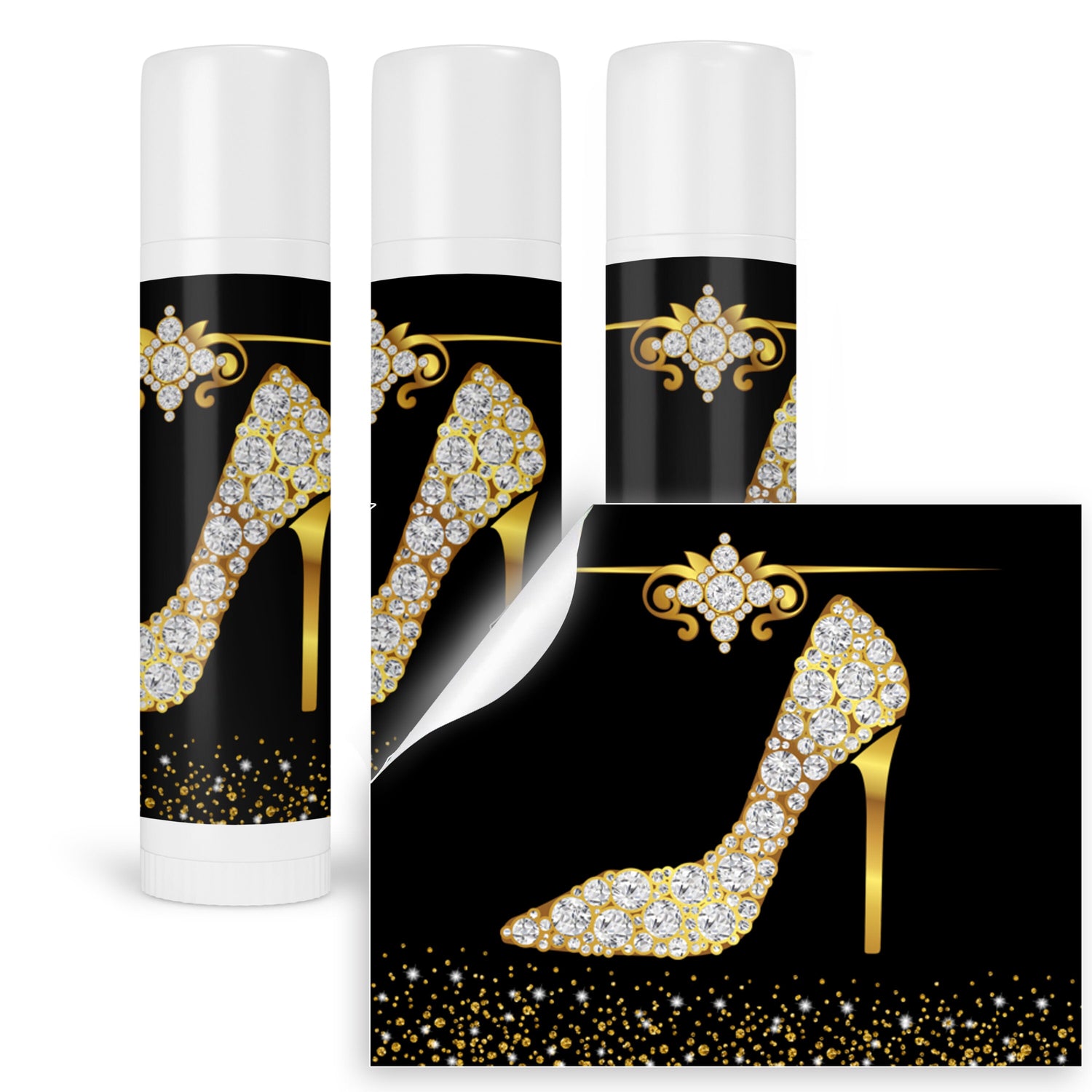 Lip Balm Labels - Diamond Gold Shoes - Wedding Favor Labels - High Heel Lip Balm Party Stickers - Faux Gold Black Background