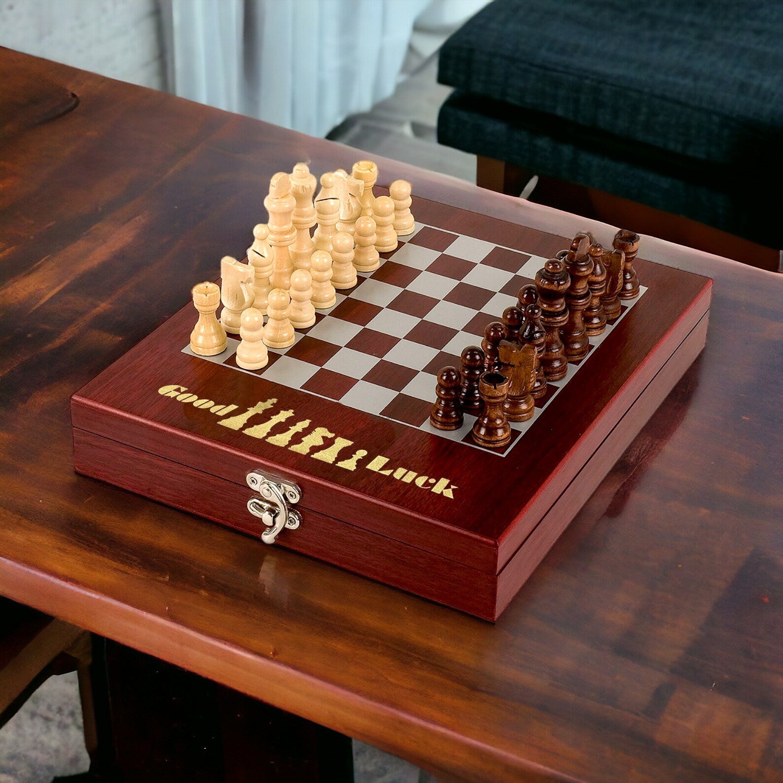 Personalized Chess Set Box Rosewood Finish Gift for Birthday Wedding