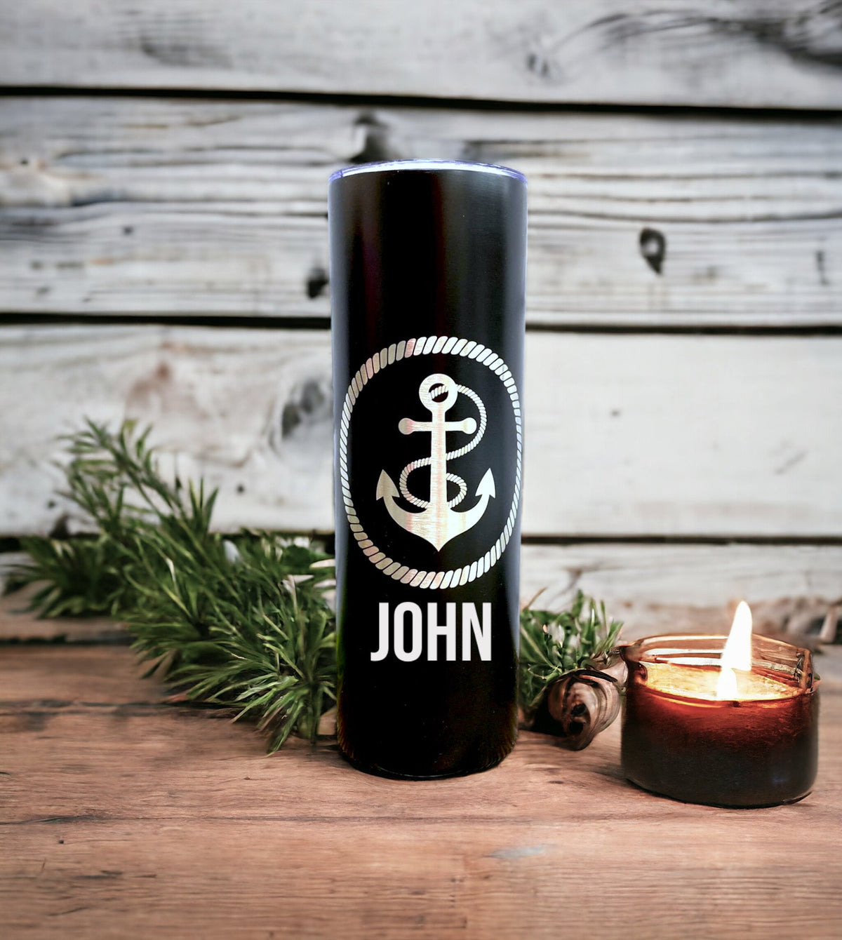 Rear view of the vacuum-insulated personalized cruise skinny tumbler.
