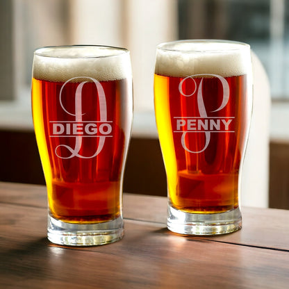 Detail shot of the base and lower section of a custom etched pub glass, showing the quality of the glass.