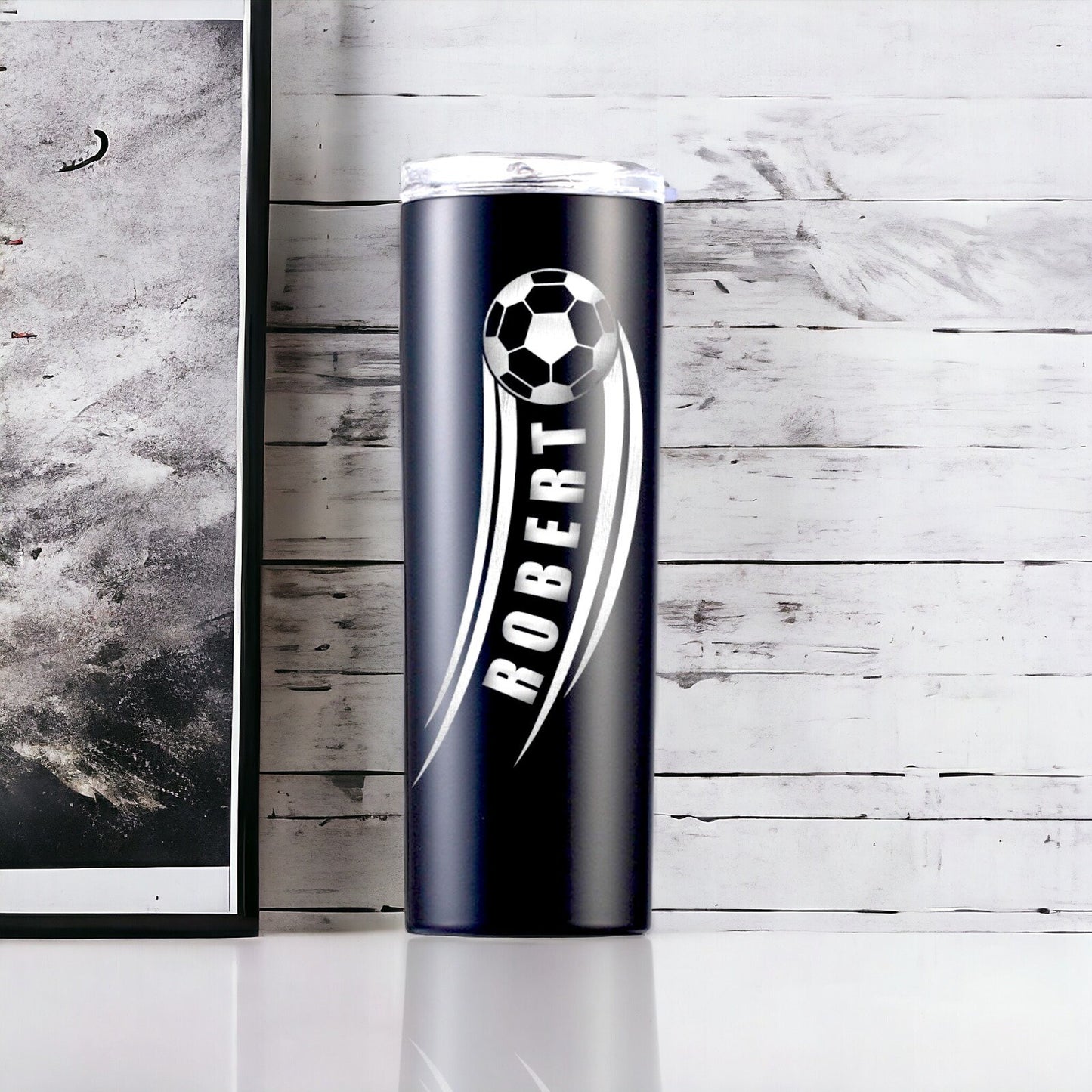 Different laser-engraved designs available on the personalized soccer gift tumbler, including team names and player numbers.