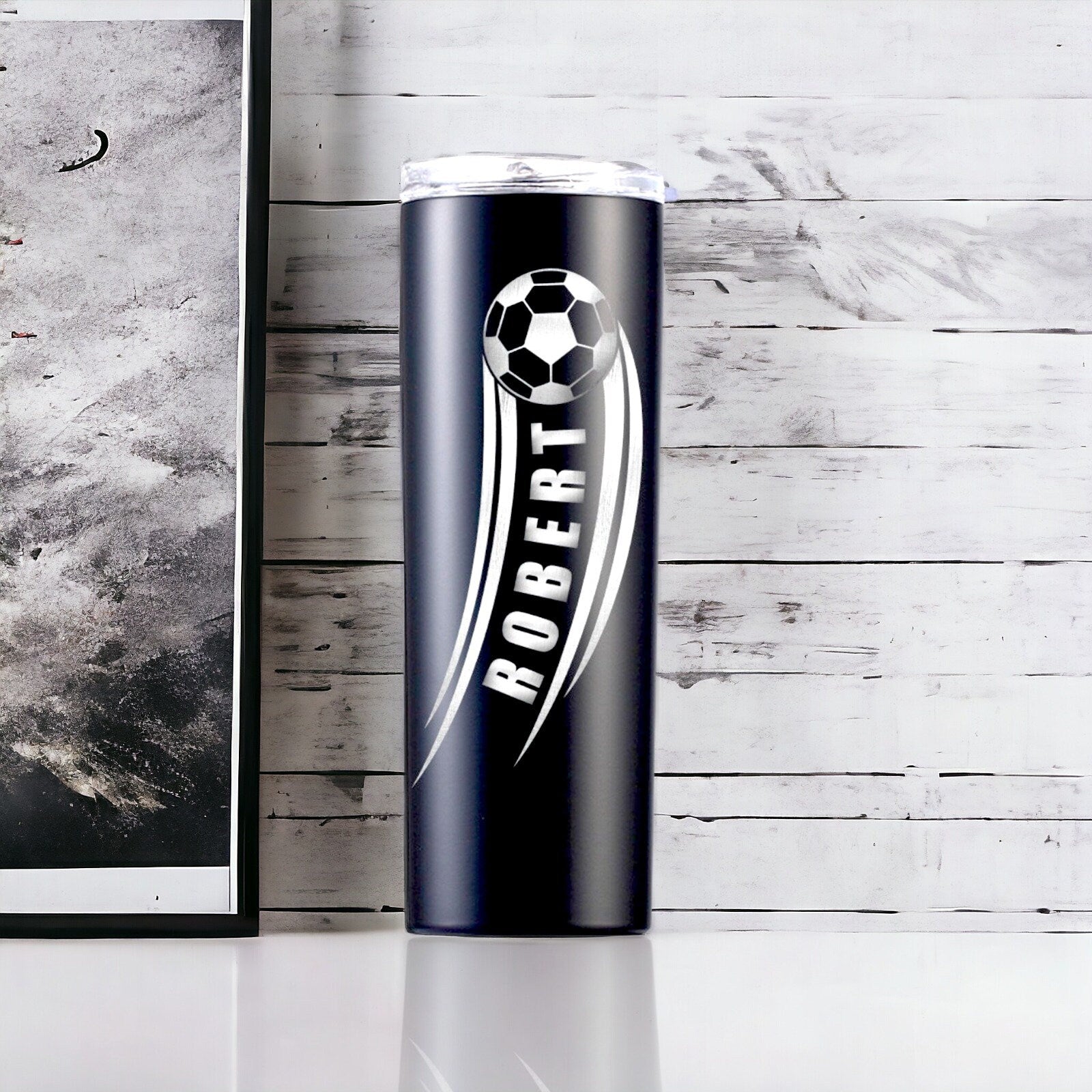 Different laser-engraved designs available on the personalized soccer gift tumbler, including team names and player numbers.