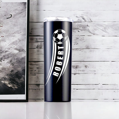 Different laser-engraved designs available on the personalized soccer gift tumbler, including team names and player numbers.