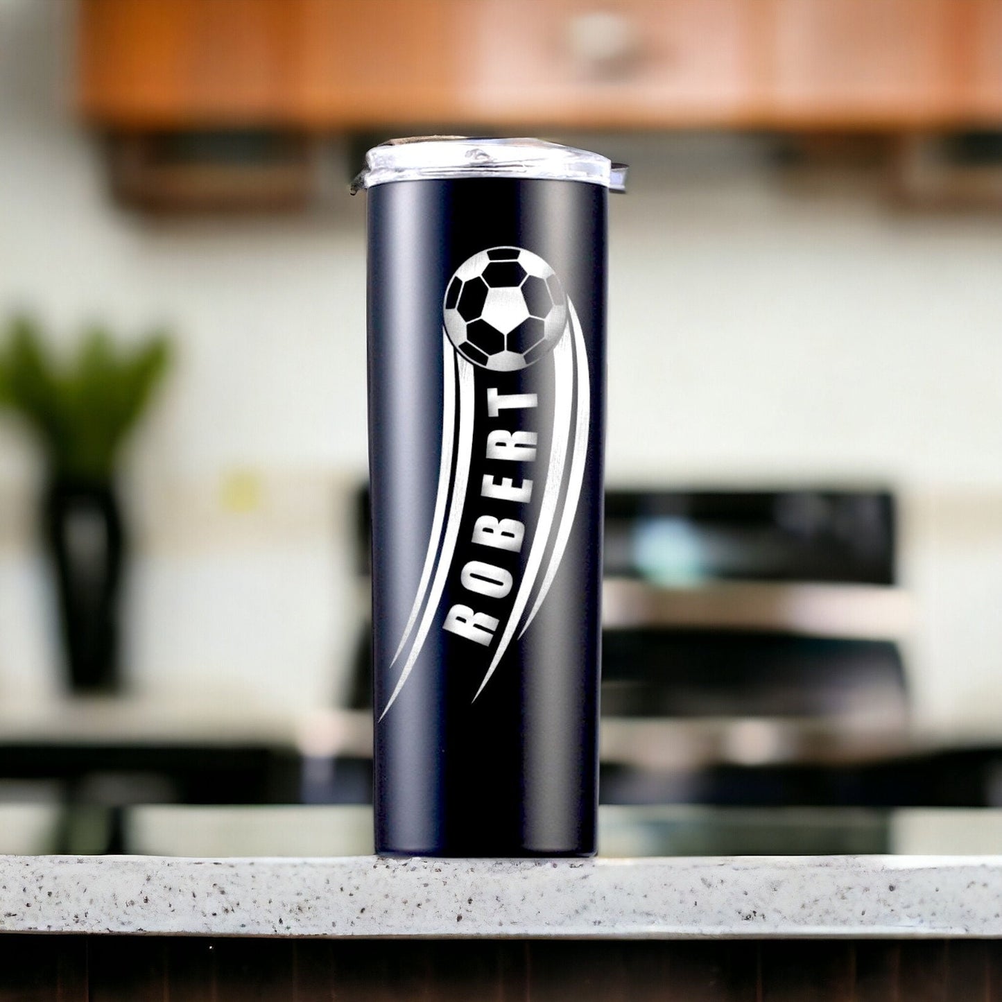 Detailed shot of the custom engraving on the 20oz personalized soccer gift tumbler, showcasing clarity and precision.