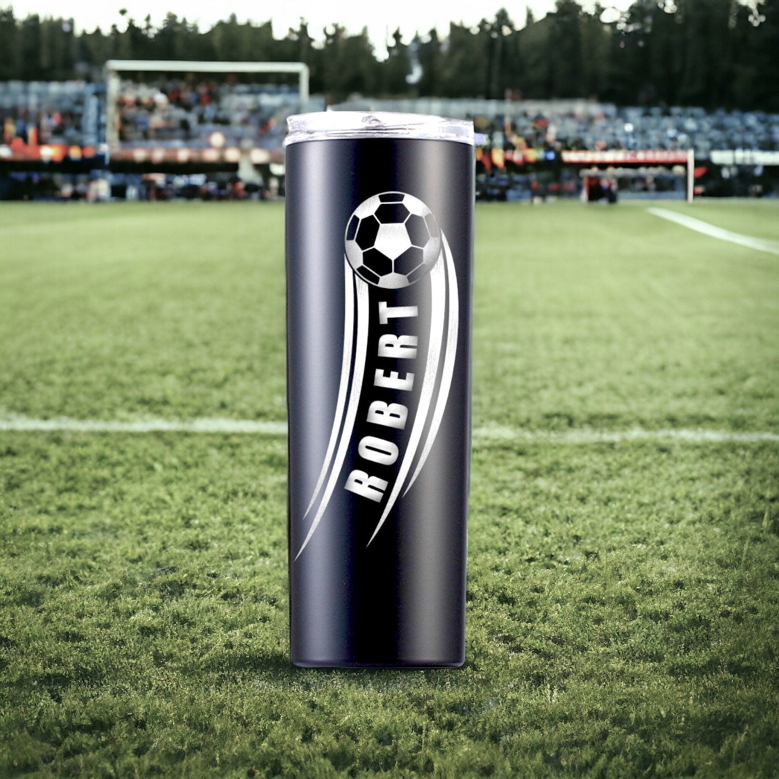 View of the personalized soccer gift tumbler's lid and straw, emphasizing its spill-resistant design.