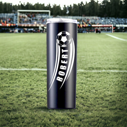 View of the personalized soccer gift tumbler's lid and straw, emphasizing its spill-resistant design.