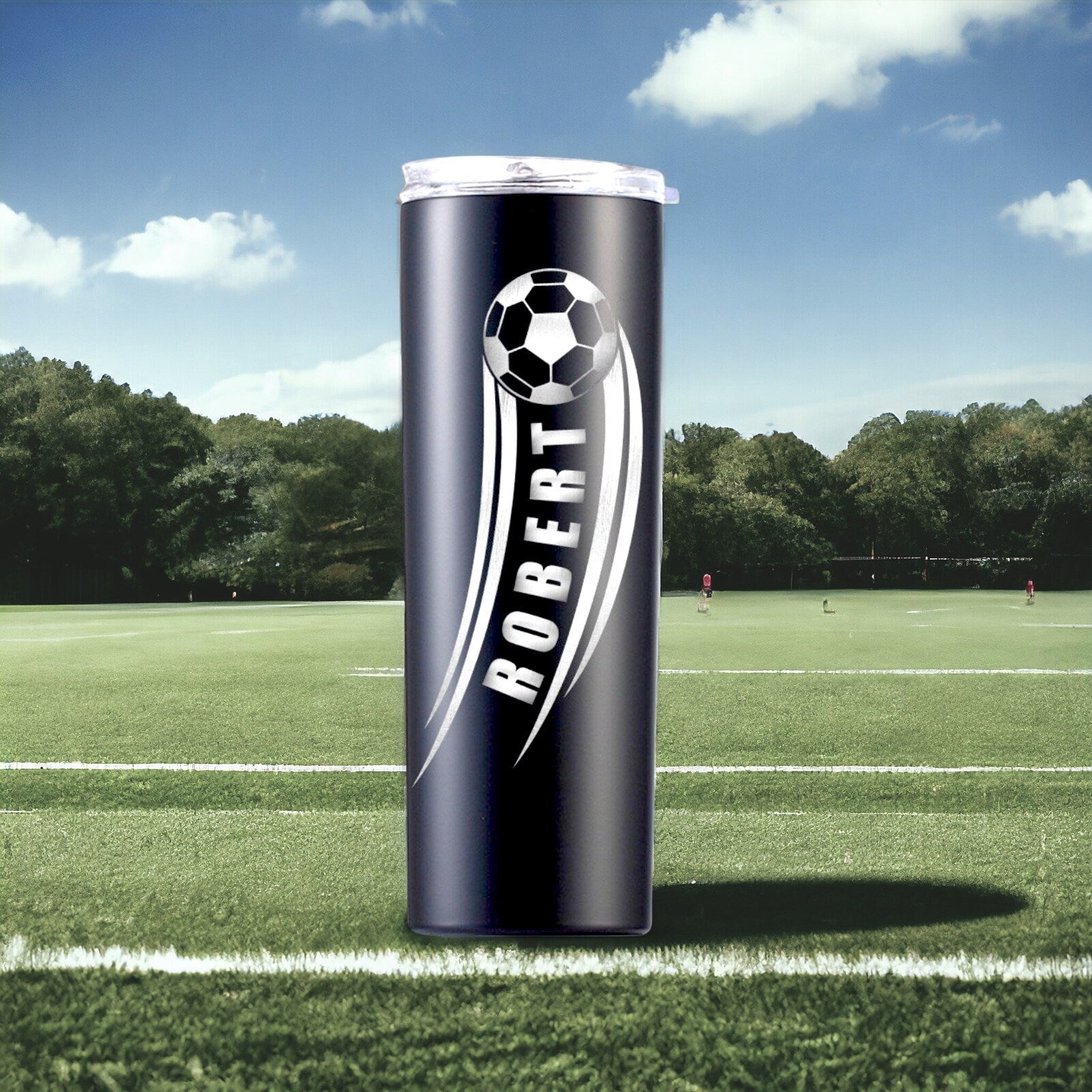 A set of three personalized soccer gift tumblers in various engraved designs for coaches, dads, and players.