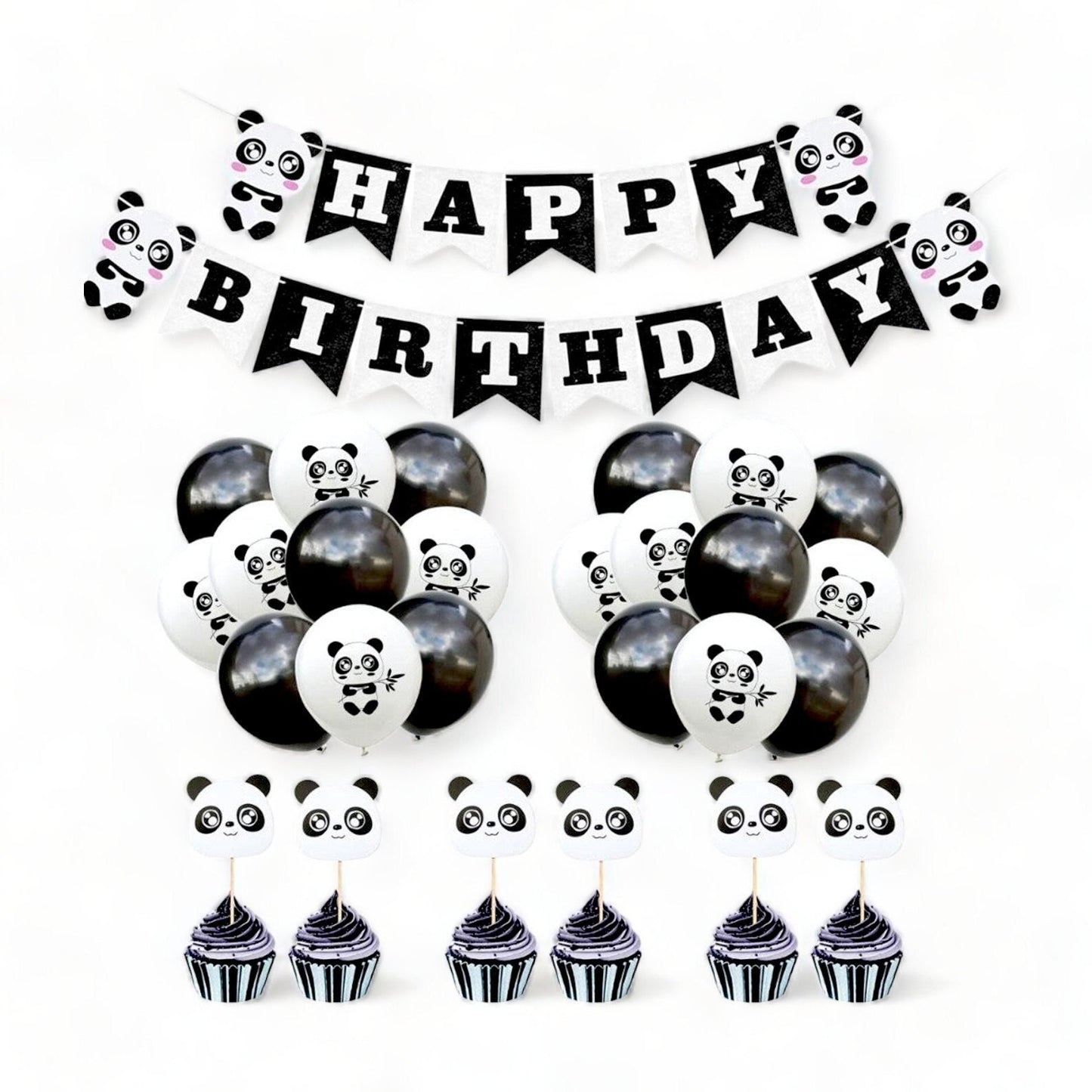 Complete set of panda-themed party decorations including banner, balloons, and toppers.