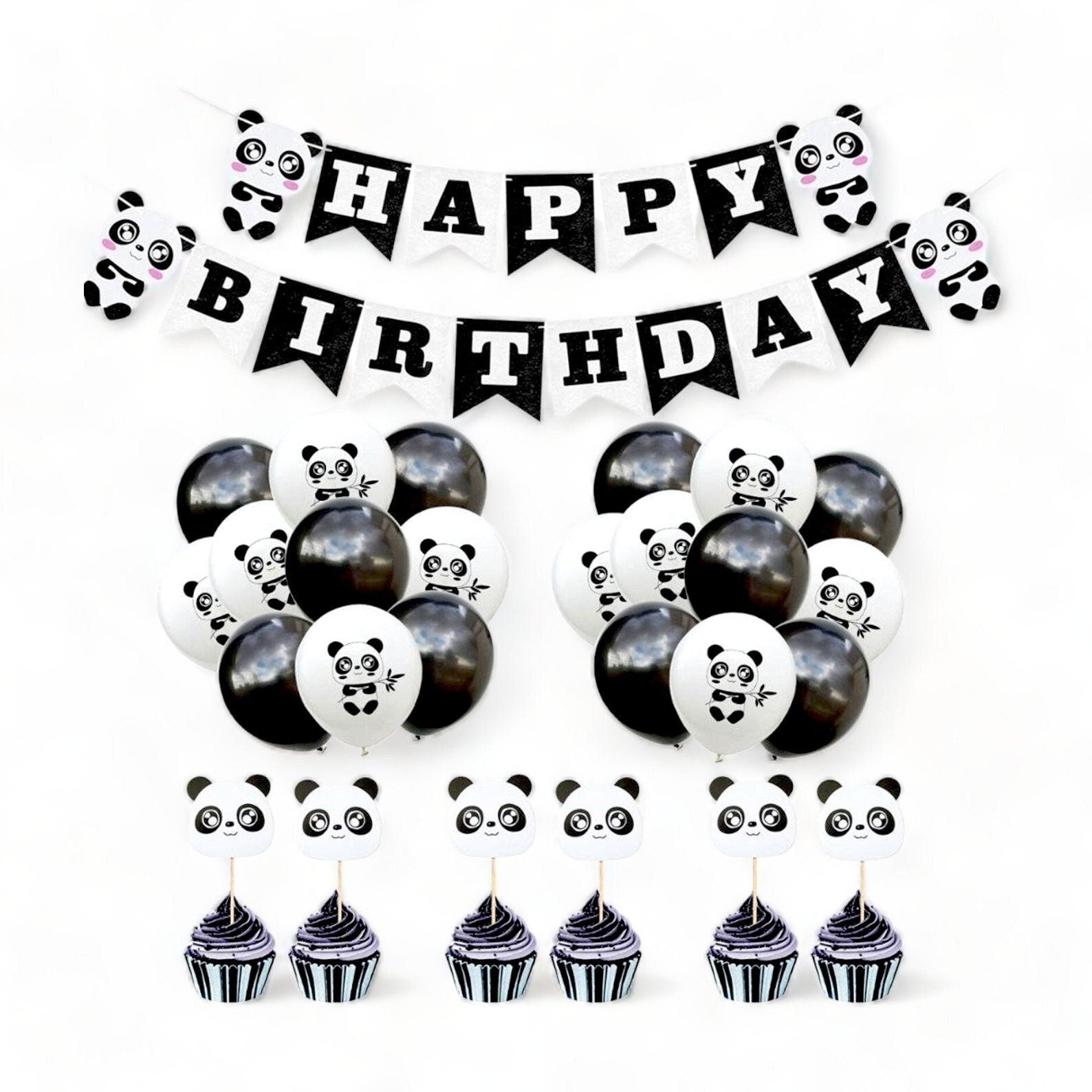 Complete set of panda-themed party decorations including banner, balloons, and toppers.