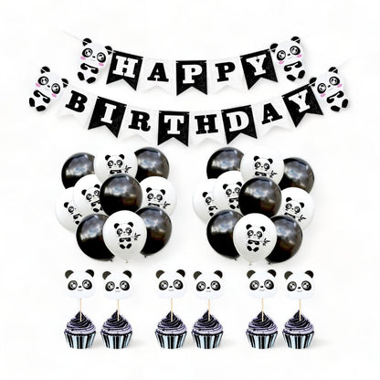 Complete set of panda-themed party decorations including banner, balloons, and toppers.