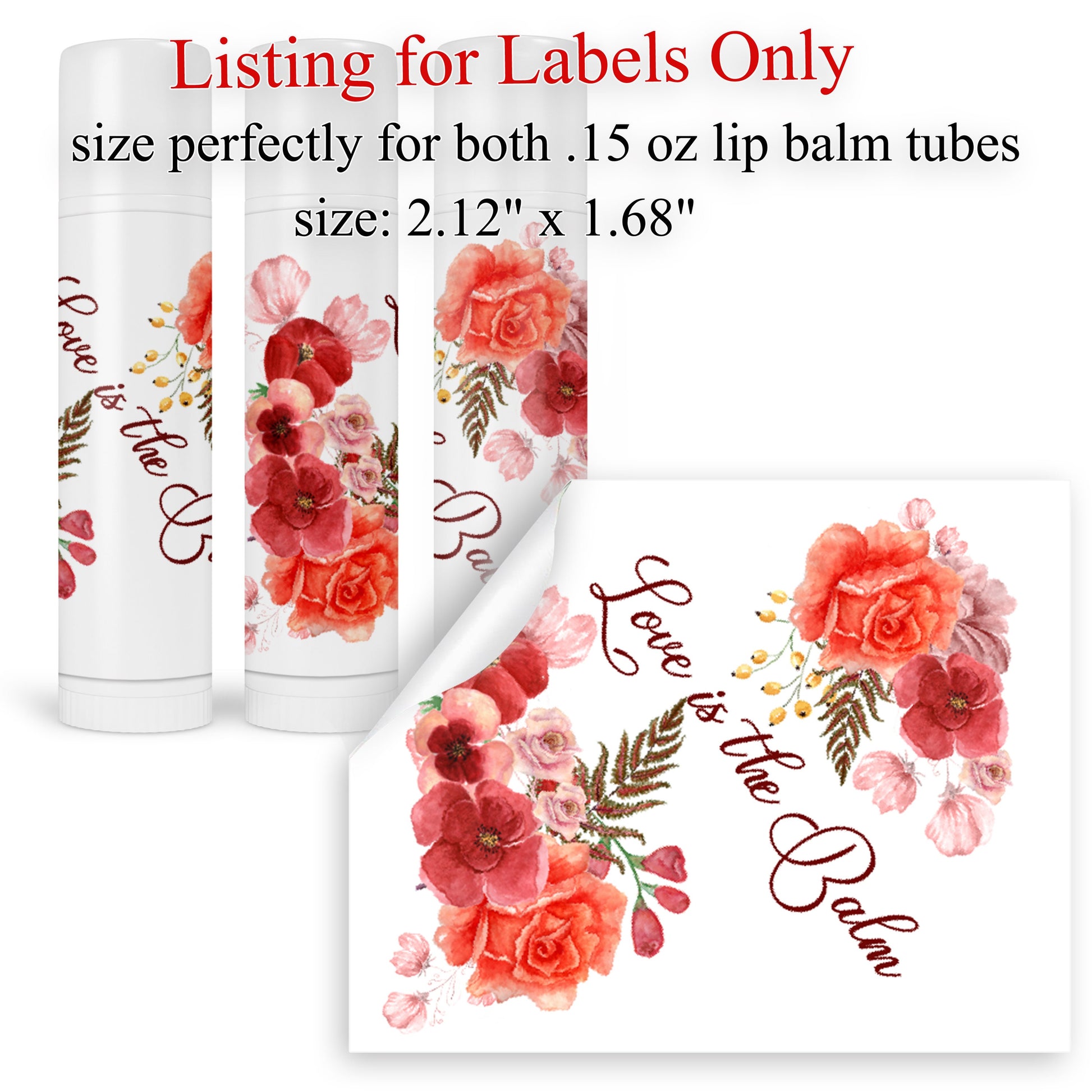 30 Lip Balm Labels, Floral Coral Bridal Shower Wedding Chapstick Favor Stickers Wrappers
