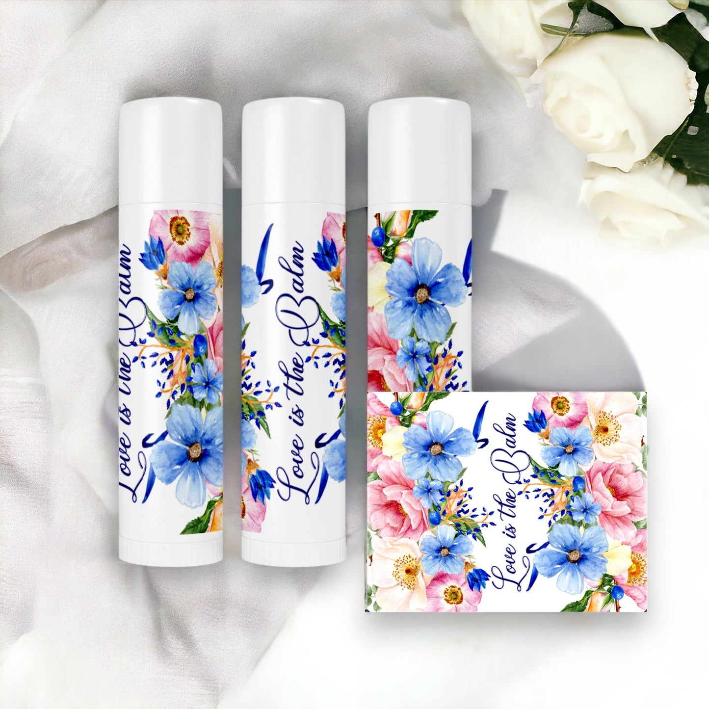 Rustic Lip Balm Labels Pink Blue Floral Wedding Stickers Chapstick Party Favor Labels