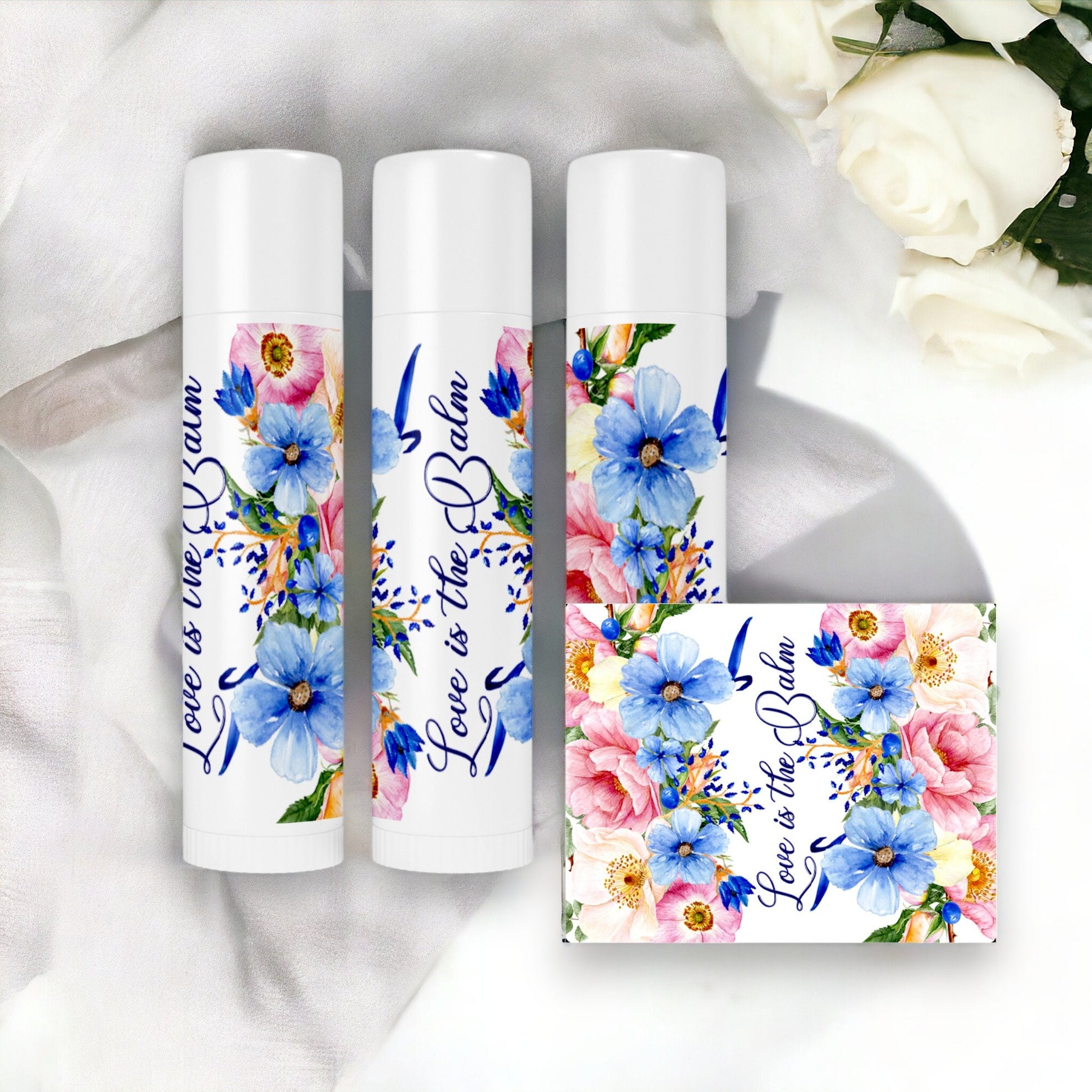 Rustic Lip Balm Labels Pink Blue Floral Wedding Stickers Chapstick Party Favor Labels