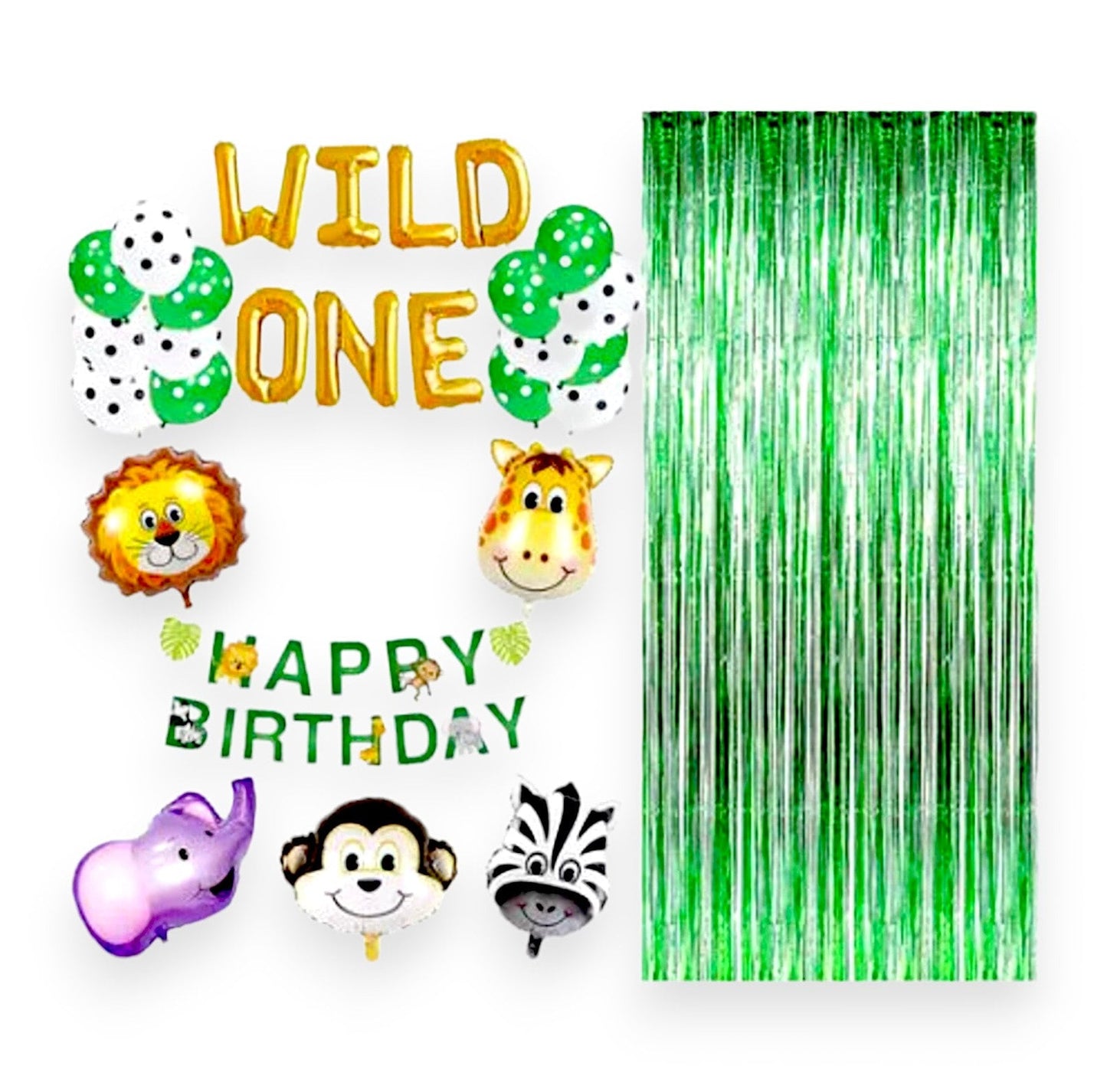 Complete wild one safari balloon arch kit and gold foil balloons styled as a party backdrop.