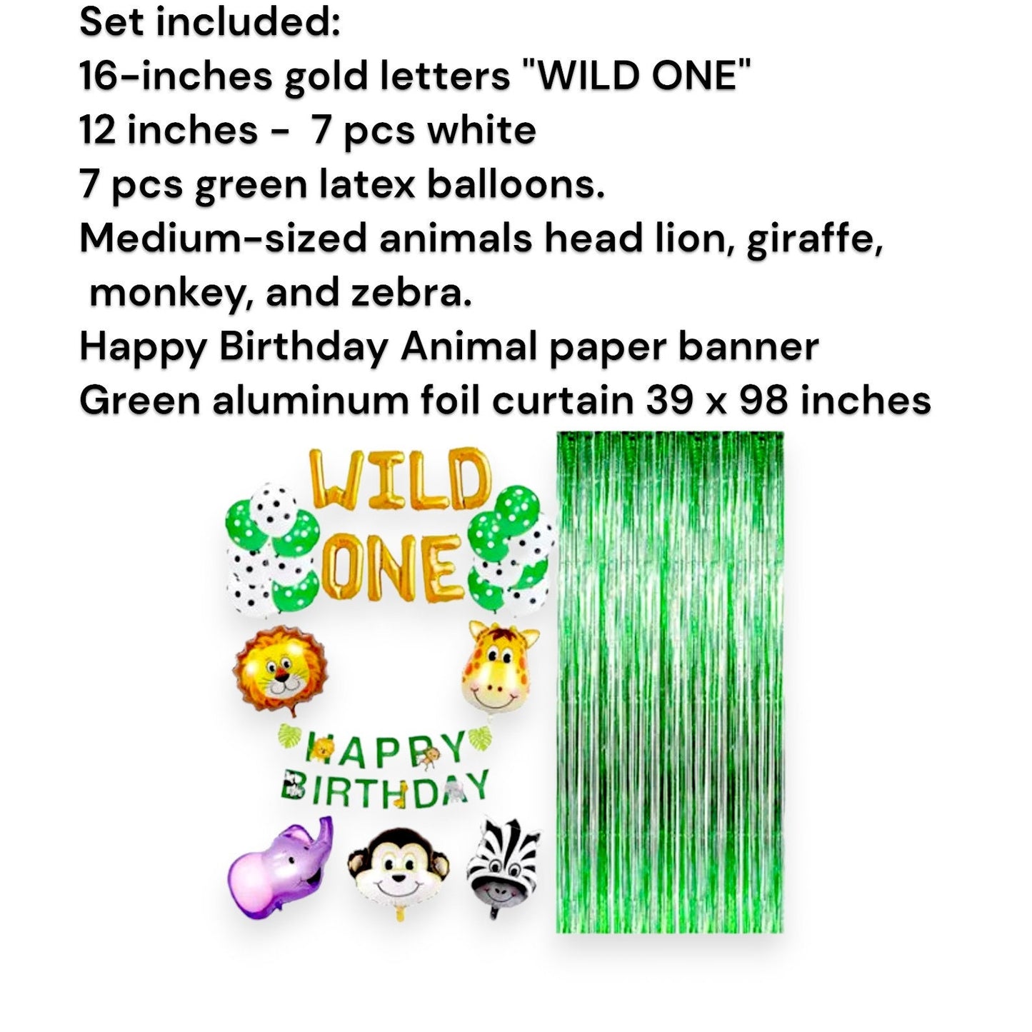 Full display of the wild one safari birthday set, showing the gold letter banner, fringe curtain, and various balloons.