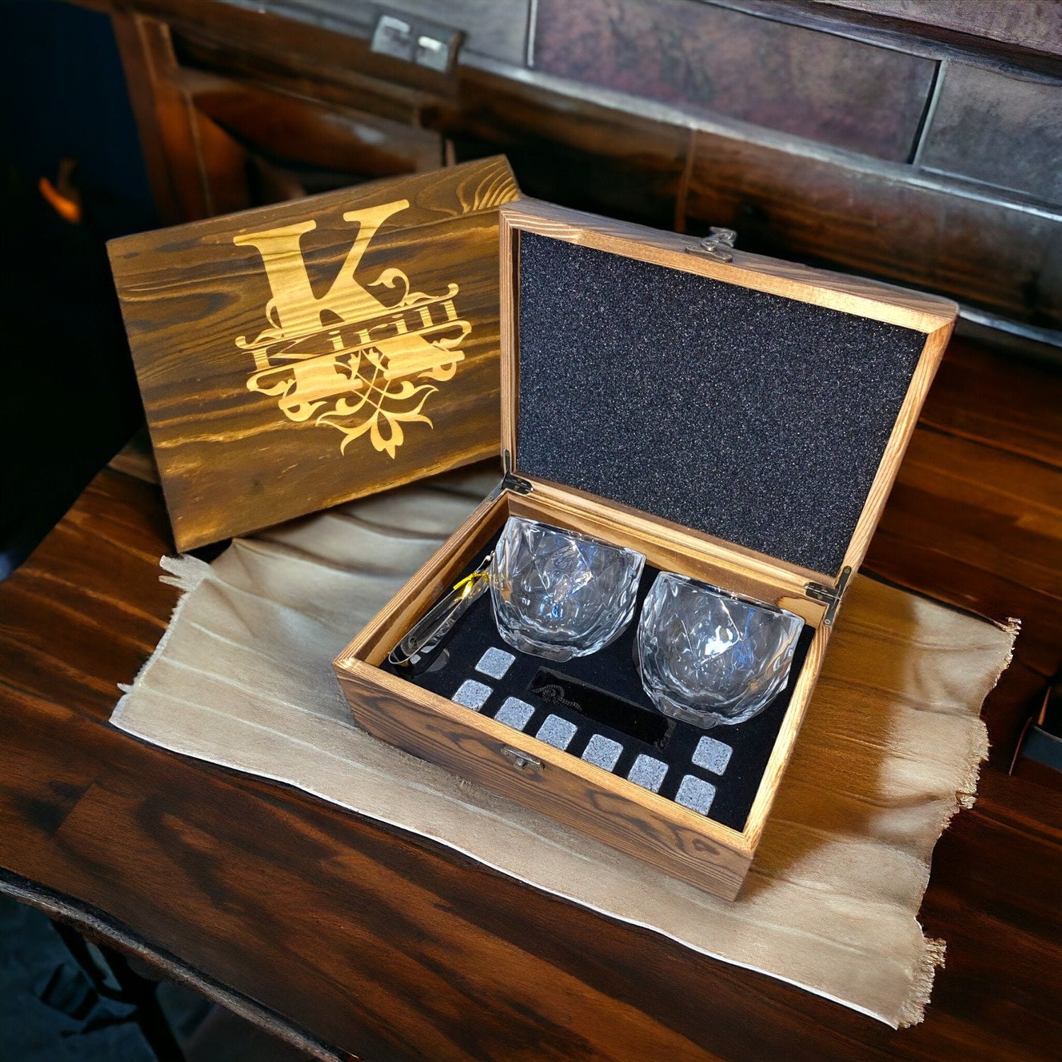 Personalized Whiskey Stones Glass Set Pine Wood Gift Box Girl Groomsmen Father Husband Gift