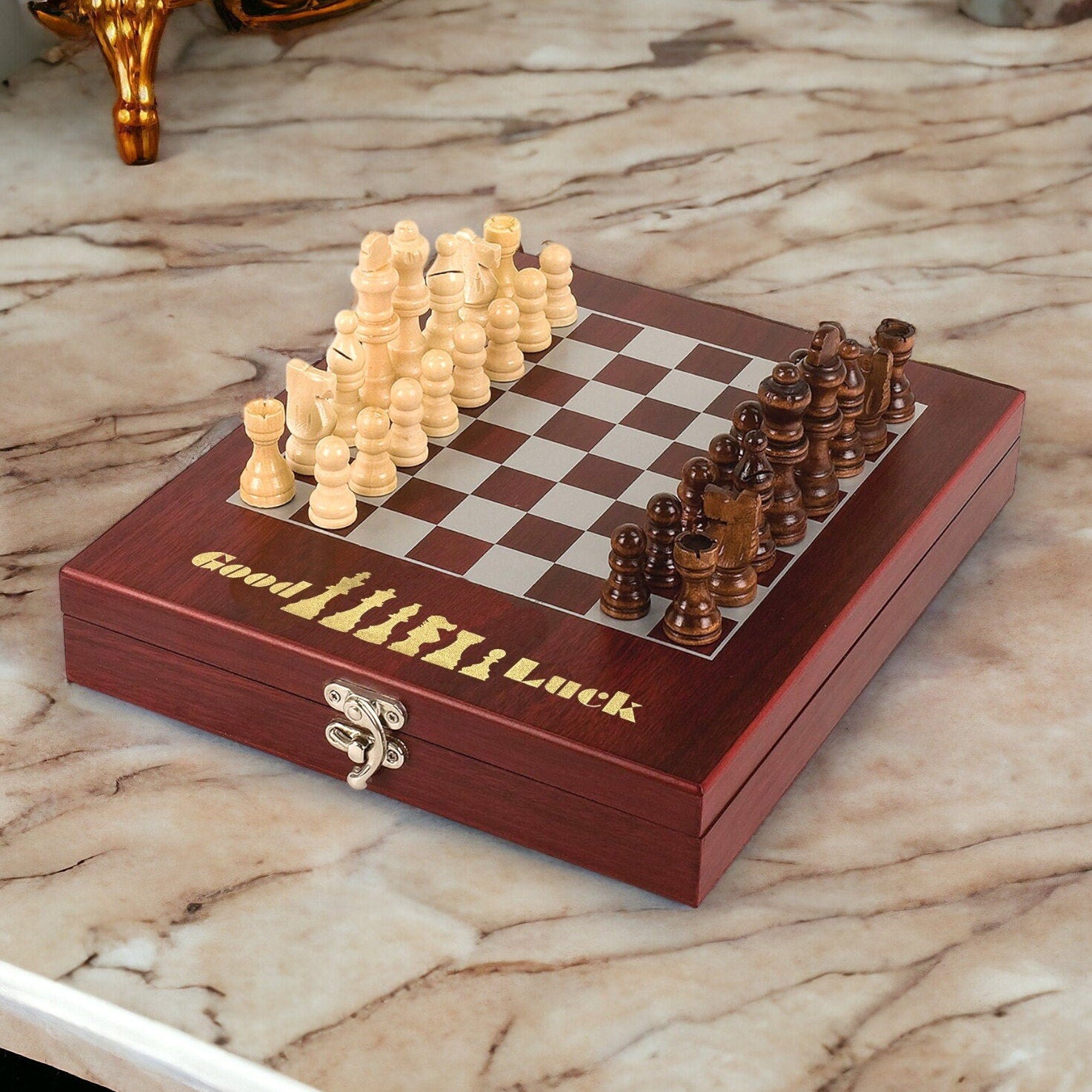 Personalized Chess Set Box Rosewood Finish Gift for Birthday Wedding