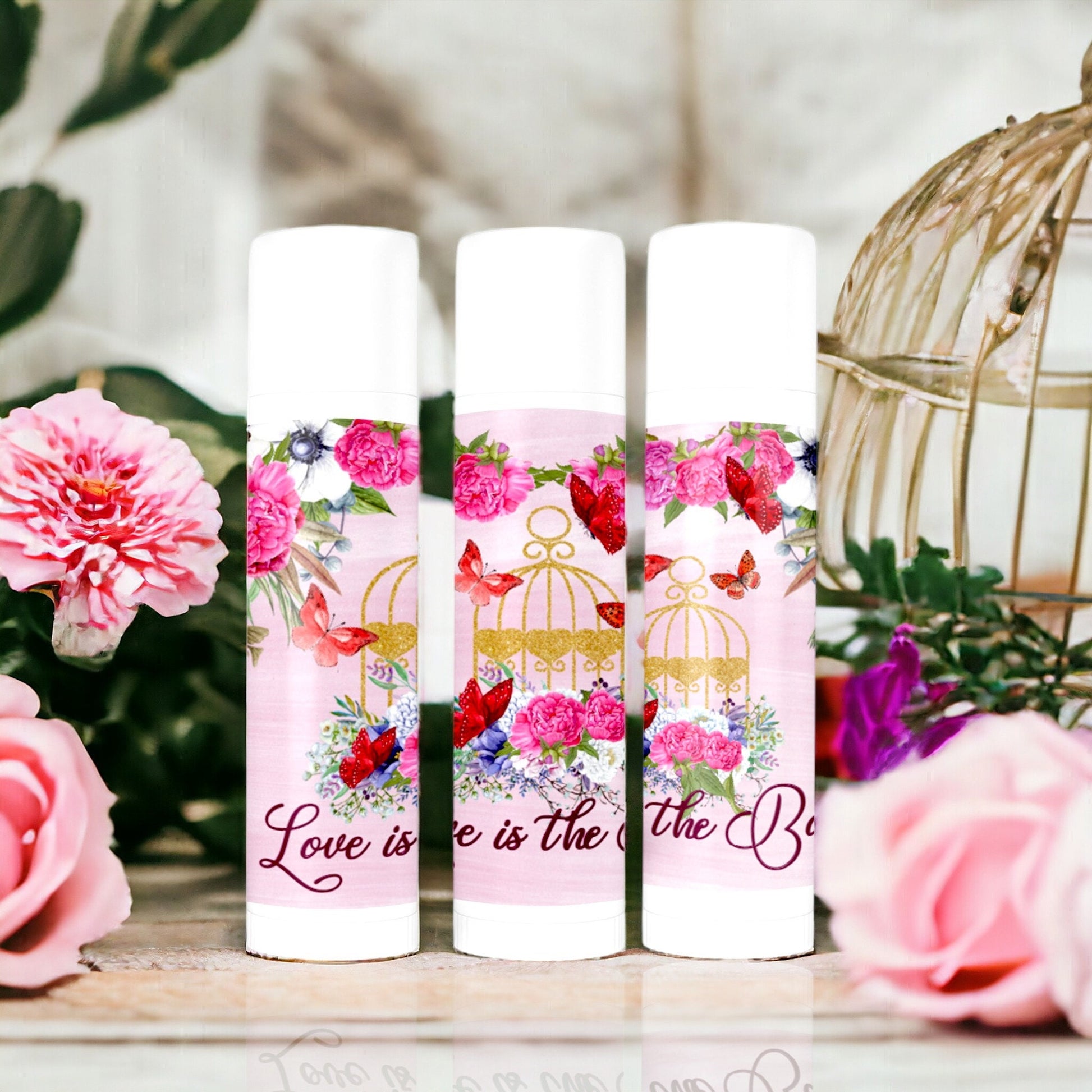 30 Magenta Butterfly Lip Balm Labels: Floral Party Favor Stickers