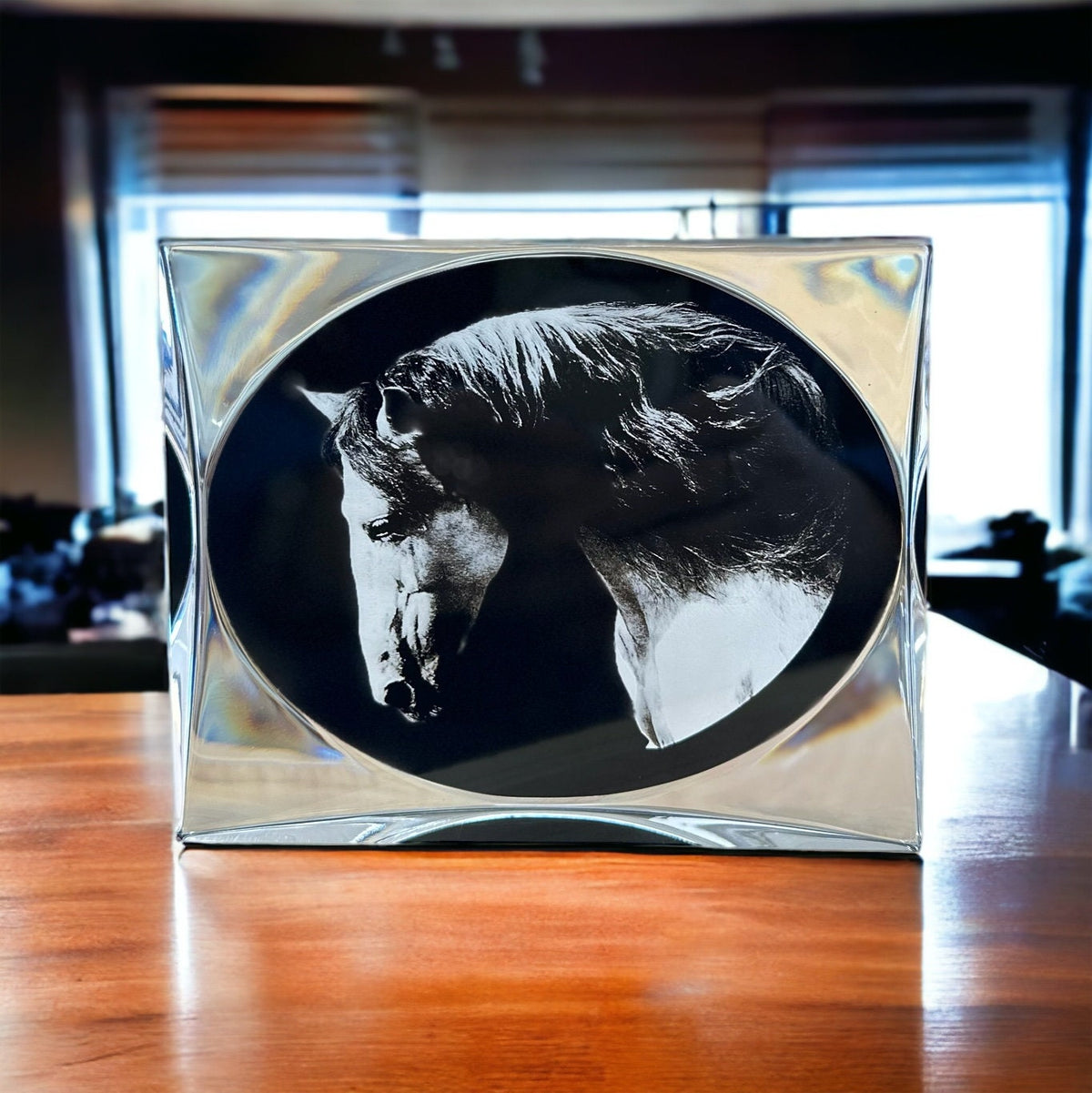 Black and clear acrylic plaque with laser engraved horse portrait, standing on a wooden table